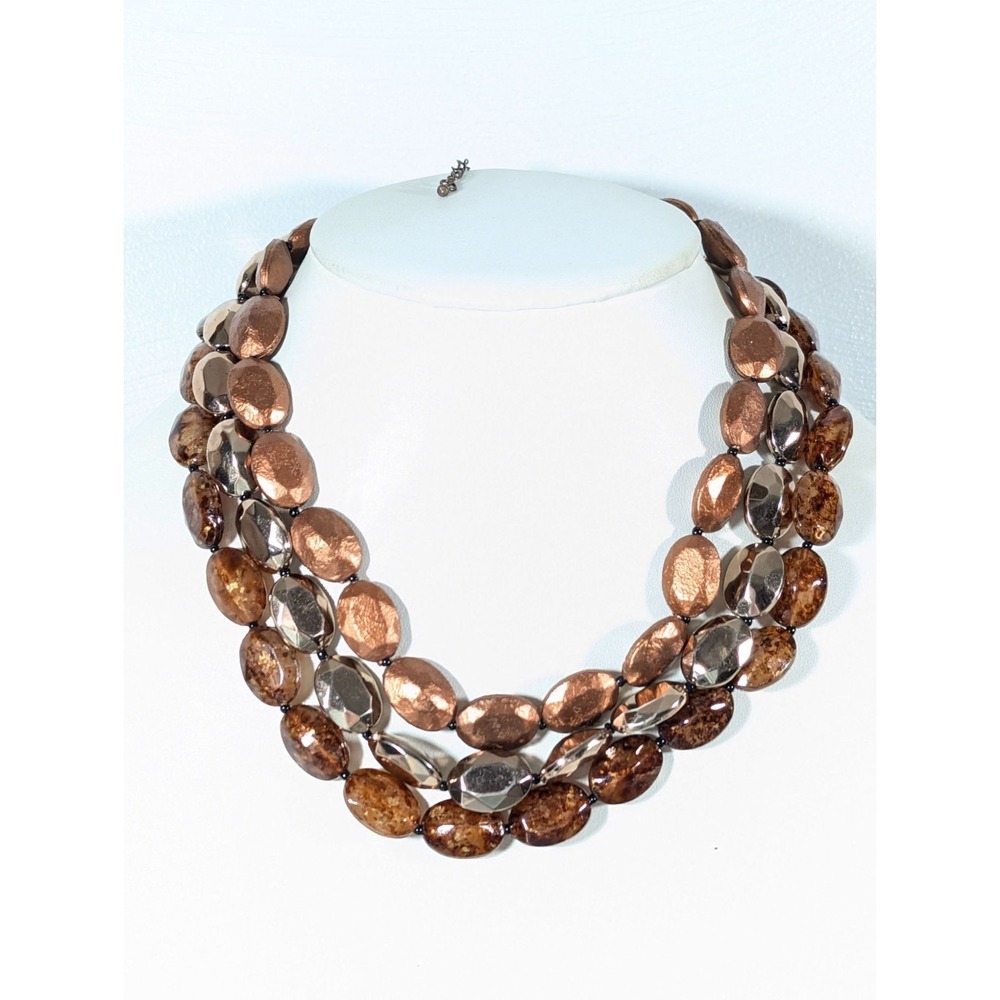 Boho Bronze Tone Brown Bead Triple Strand Layer Statement Necklace 19"